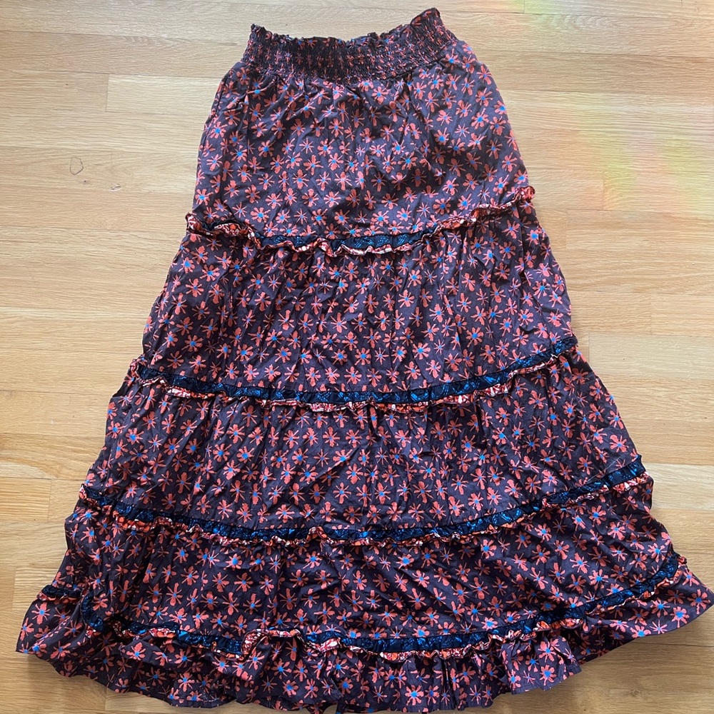 Anthropologie Orange/Blue on Brown Floral Maxi Skirt